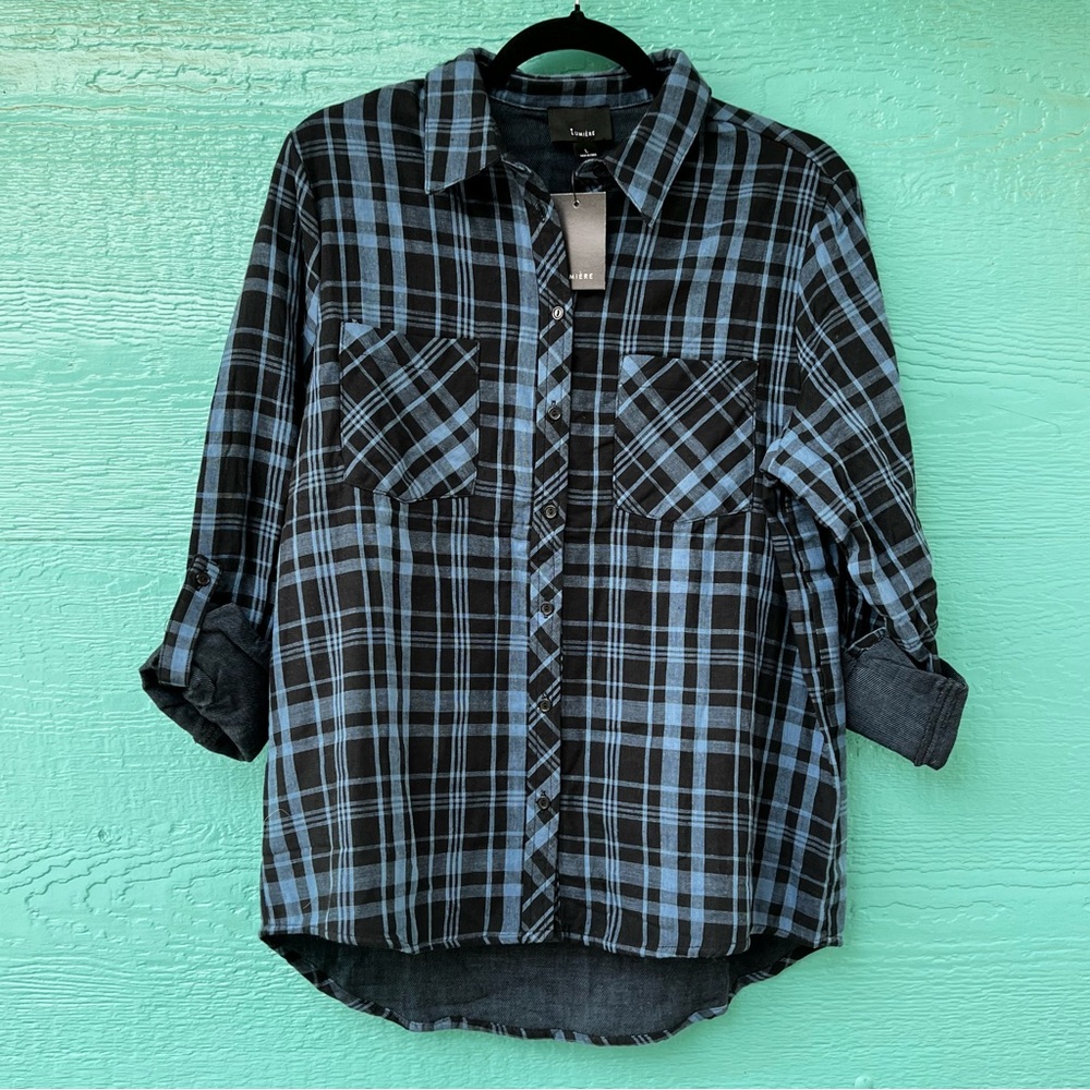 GAUZY 100% COTTON BLUE BLACK PLAID BUTTON FRONT LS SHIRT SIZE LARGE NWT